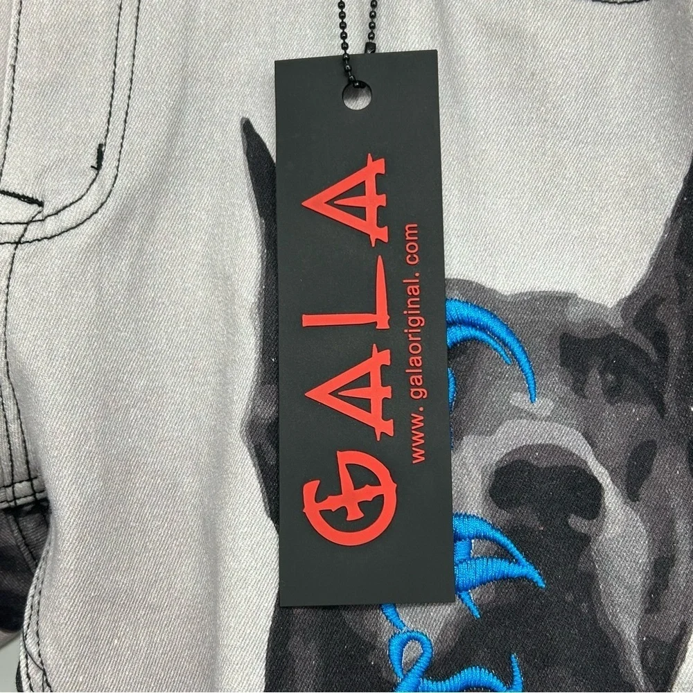 Gala Jeans NWT $180 Doberman Dog Graphic Gothic Blue Script Streetwear Sz W36 - Picture 12 of 16